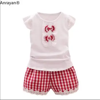 Yaz Moda Bebek Kız Giysileri Çocuk Dantel Yay T-Shirt Kafes Şort Toddler Pamuk Giyim Bebek Eşofman Çocuk Takım Elbise
