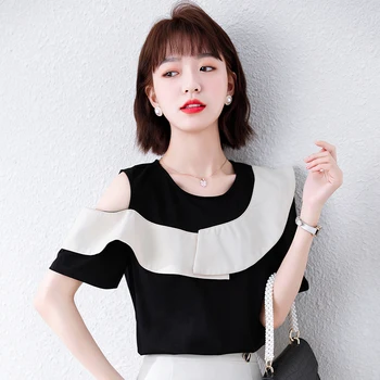 Yaz Siyah ve Beyaz Patchwork Bluzlar ve Kırpma Üstleri Kadınlar için Kore Moda Ofis Bayan Giyim Seksi Kapalı Omuz Gömlek