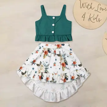 Yaz Tatili Toddler Bebek Kız Çocuk Kıyafet Giyim Seti Kolsuz Yeşil Üstleri Tankı + Çiçek Etek Plaj Setleri 1-5Y
