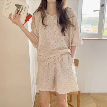 Yaz Yeni Baskı Rahat kadın Pijama Seti Kısa Kollu Şort Kıyafeti Kore Gevşek Gecelik Pijama Salonu Aşınma