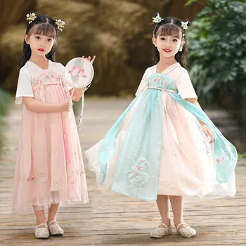Yaz Yeni Çocuklar Kısa Kollu Tang Takım Elbise Kız Çin Güzel Antik Hanfu Çocuk Nakış Pamuk Kostümleri Gerçekleştirmek