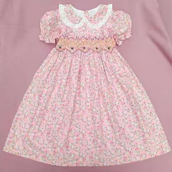 Yaz bebek kız önlüklü elbiseler çiçek el yapımı pamuk peter pan yaka çocuk elbise PRENSES