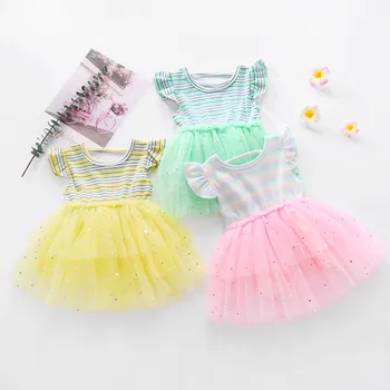 Yaz elbisesi İçin Bebek Kız Yürüyor Bebek Kız Ruffles Gökkuşağı Çizgili Baskı Yıldız Tül Prenses Elbise Kız Giyim Vestidos