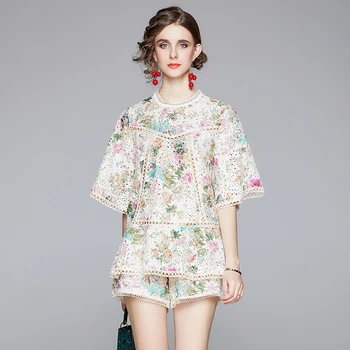 Yaz kadın Balo Elbise Fransız Zarif Yuvarlak Boyun Hollow Baskılı Gömlek + Yüksek Bel Geniş Bacak Şort Yeni Kadın Setleri X215