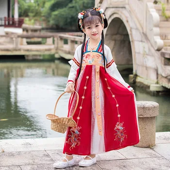 Yaz Çocuk Kırmızı Çiçek Nakış Hanfu Geleneksel Çin Dans Kostümleri 2022 Peri Uzun Kollu Sahne Elbise Ulusal Ha
