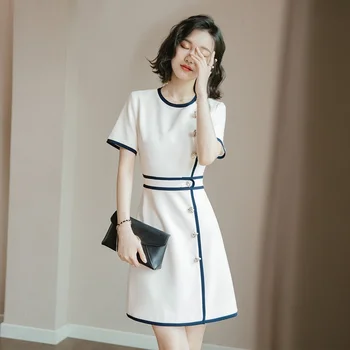 Yaz İş Elbise Kadınlar İçin Ofis Beyaz Yan Düğme Elbise Midi Zarif Ol Kore Tarzı Ofis Elbiseler Bayanlar 2019 DD2136