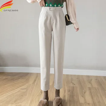 Yeni 2020 Kış Giysileri Kadın Ayak Bileği Uzunlukta Yün harem pantolon Çift Düğmeler Yüksek Bel Cepler Kore Streetwear Pantalon Femme