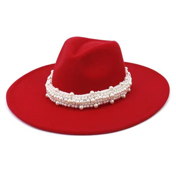 Yeni 9.5 CM Inci Kemer Yün Caz fötr şapkalar Rahat Erkekler Kadınlar dokulu şapka beyaz kırmızı pembe Panama Fötr Resmi Parti Kap