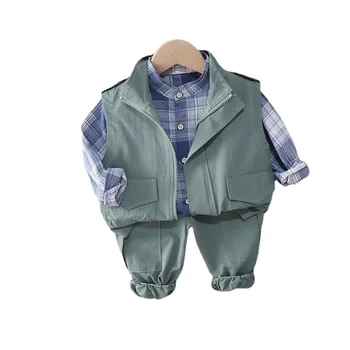 Yeni Bahar Sonbahar Bebek Erkek Giysileri Takım Elbise Moda Çocuk Yelek Ekose Gömlek Pantolon 3 adet / takım Toddler Rahat Kostüm Çocuklar Eşofman