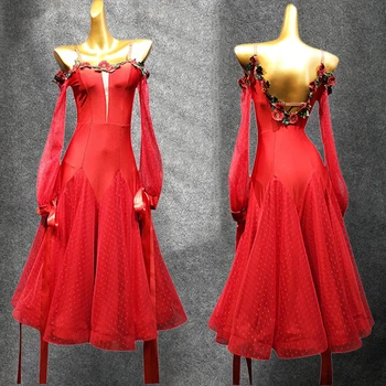Yeni Balo Salonu Elbise Dans Yarışması Bayanlar Vals Elbise Balo Parti Kırmızı uzun elbise Tango Giyim Balo Salonu dans elbiseleri VDB1352