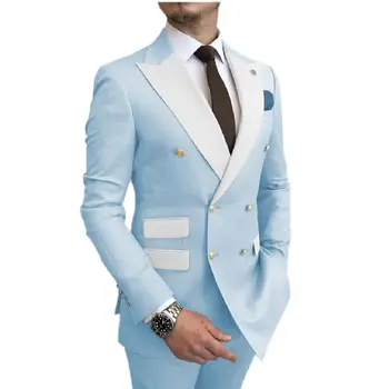 Yeni Erkek Takım Elbise Kraliyet Mavi İnce Kruvaze Beyaz Yaka Moda Damat En İyi Adam Düğün Parti (blazer + Pantolon) damat Giyim
