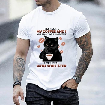 Yeni Erkek Temel Gömlek Benim Kahve ve Ben Bir An Yaşıyorsanız Ben Daha Sonra Sizinle İlgileneceğiz Baskı T-Shirt Erkekler için Komik Kediler Karikatür