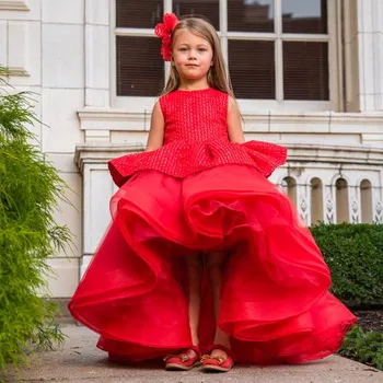Yeni Kırmızı Tül Kız Elbise Parlak Üst Çiçek Kız Elbise Bebek Kız Parti Prenses Noel Elbisesi Doğum Günü Kıyafetleri