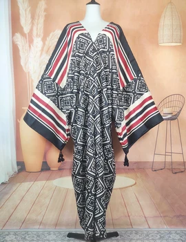 Yeni Moda Orta Doğu Kadın Sonbahar Pamuk Baskılı Uzun Kollu V Yaka kaftan Maxi Elbise Ücretsiz Boyutu Afrika Bayan Gevşek Abaya