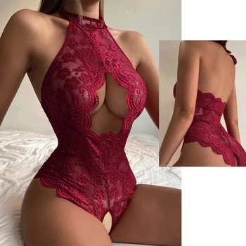 Yeni Seksi Crotchless Kırmızı Iç Çamaşırı Kadın Dantel Hollow Bodysuit Erotik Kostümleri Elbise Derin V Açık Sütyen Porno Iç Çamaşırı Seti Noel