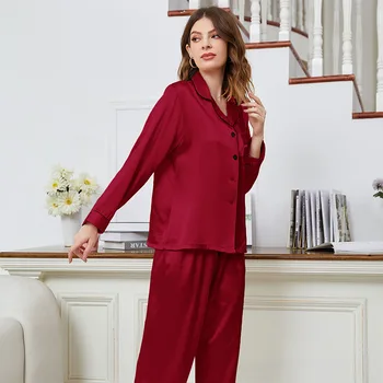 Yeni Stil Pijama kadın Uzun Kollu Pantolon İki parçalı Yaka Hırka Taklit İpek kadın Düz Renk Ev Giysileri İnce