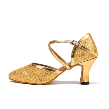 Yeni Varış Moda Altın Düşük Topuk Güzel Özelleştirilmiş Topuk Kapalı Ayak Balo Salonu Salsa Latin Tango Kadın Dans Ayakkabıları Promosyon