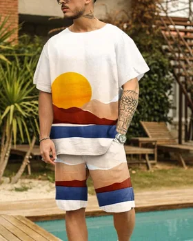 Yeni Yaz Moda 2 Parça Setleri Eşofman 3D Baskılı t shirt Erkek Takım Elbise Tshirt Şort erkek Büyük Boy Elbise Retro Plaj Tarzı