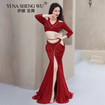 Yeni bayan Bling Bling Oryantal dans kostümü 2 Parça Set Taklidi Üst Matkap Asılı Boyun Uzun Etek Uygulama Elbise Beyaz Kırmızı