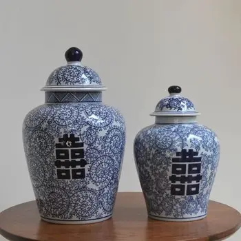 Yeni Çin Mavi Ve Beyaz Porselen saksı Süsler Çift Mutluluk Seramik tapınak Kavanoz Yeni Oturma Odası Süslemeleri porselen kavanoz