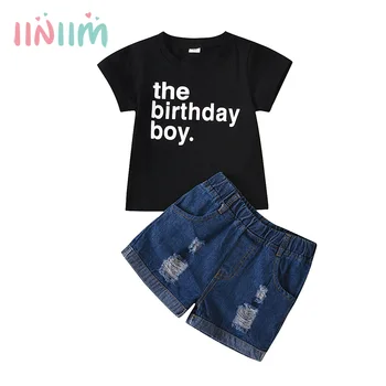 Yenidoğan Bebek Erkek Doğum Günü Giysileri Setleri Doğum Günü Erkek Mektup baskılı tişört Üstleri Kot şort Setleri Çocuklar Yırtık Jean Kıyafet