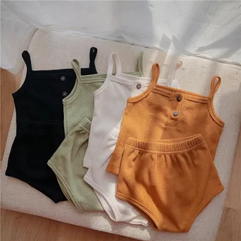 Yenidoğan Bebek Pamuk Rahat Güneş Üst Kısa Set 2 adet giyim setleri Koreli Çocuklar Erkek Kız Kolsuz Tshirt+Gaf Setleri Giysileri