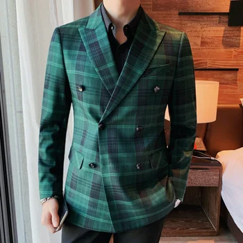 Yeşil Ekose Ceket Rahat Moda Masculino İngiliz Günlük Erkek Blazer Hombre Moda Büyük Yaka İnce Takım Elbise