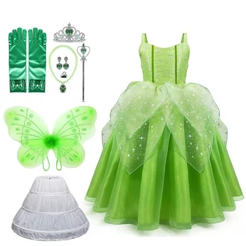 Yeşil Elf Tinkerbell Çocuklar Cosplay Prenses ve Kurbağa Doğum Günü Partisi Cadılar Bayramı Kızlar Fantezi Balo Mutlu Purim Peri Elbise