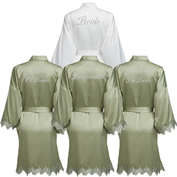 Yeşil Yeni Mat Saten Dantel Elbise Trim ile Gelin Düğün Gelin Elbiseler Nedime Kimono Robe Gelin Elbiseler