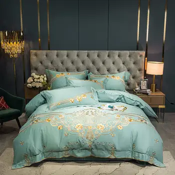 Yeşil Zımpara nevresim takımı Nakış Yorgan yatak örtüsü seti Uzun elyaf pamuk Yastık Kılıfı Kraliçe king-size yatak çarşaf 4 adet 2020 yeni