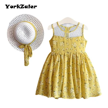 YorkZaler 2 adet/takım Yaz Kız Elbise Şapka Kolsuz Örgü A-Line Çocuk Elbise Sundress güneş şapkası Bebek Kız Giysileri