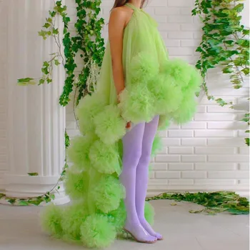Yüksek Düşük Neon balo kıyafetleri Ruffles Fotoğraf Maxi Tül Kadın Kızlar Photoshoot Abiye Geç Tül Örgün Akşam Elbise
