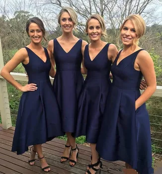 Yüksek Düşük Ucuz gelinlik Modelleri Altında 50 A-line V Yaka Çay Boyu Mavi Kısa Düğün Parti Elbiseler Kadınlar İçin