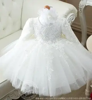 Yüksek Kaliteli Kırmızı / Beyaz bebek kız uzun kollu 1 yaşındaki doğum günü elbise pullu vaftiz vaftiz düğün elbisesi bebek için