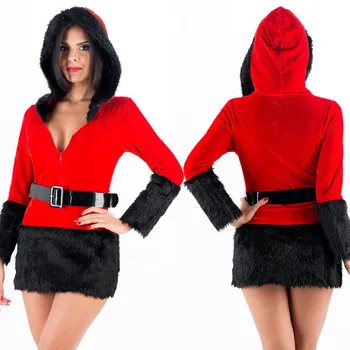 Yüksek Kaliteli Kırmızı Seksi Bayanlar Siyah Kadife Elbise Noel Kostümleri Yetişkin Bayan Noel Baba Kıyafet Kadınlar için Kapşonlu Kemer Noel Elbiseler