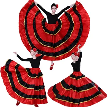 Yüksek Kaliteli Saten Yumuşak Kırmızı Siyah Genç Kız İspanyol Flamenko Etek Çizgili Bling Balo Salonu Sahne Giyim Performans Elbise