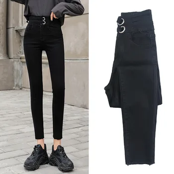 Yüksek Kaliteli Yeni Vintage Yüksek bel Streç Skinny Jeans kadın Moda Streç Düğme kalem pantolon Anne günlük kot Pantolon E525