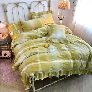 Yıkanmış pamuk yatak Seti Sarı Nevresim Uzun elyaf pamuk Yastık Kılıfı Kraliçe king-size yatak Çarşaf 4 adet