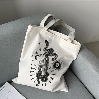 Yılan baskılı kanvas çanta Kafatası Gotik Rahat Büyük kapasiteli Koyu Alışveriş Çantası Hip-Hop Harajuku Ins Kalp Kadın omuzdan askili çanta сумка