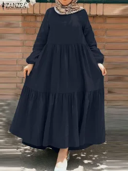 ZANZEA Moda Sonbahar Sundress Eid Mubarek Kadınlar Uzun Kollu Katı Ruffles Abaya Elbise Robe Femme Kaftan Rahat müslüman kıyafetleri
