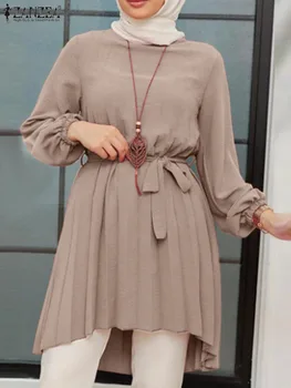 ZANZEA Rahat Düzensiz Hem Gömlek Moda Müslüman Bluz Kadınlar Uzun Kollu Pilili Üstleri Gevşek Katı Ramazan Türkiye Abaya Blusas