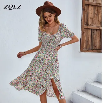 ZQLZ Elbise Kadın Yaz Boho Plaj Rahat Fırfır Büyük Etek Elbise Moda Yarık Çiçek Baskı Midi Zarif Puf Kollu Elbiseler 2022