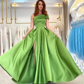 Zarif Adaçayı Yeşil balo kıyafetleri A-line Bir Omuz Saten Silt Örgün Abiye giyim Arapça Pageant Vestido Fiesta Noche