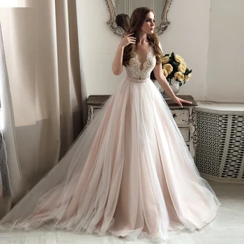 Zarif Dantel Şampanya düğün elbisesi Vestidos de novia 2021 Bir Çizgi V Yaka Kısa Kollu Aplike Tül gelinlikler Mariage
