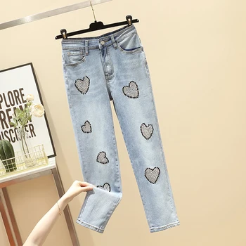 Zarif Rhinestone Boncuklu Şeftali Kalp Kot Kadınlar için Yüksek Bel Zayıflama Streç Kot Pantolon Kadın 2022 Yeni Bahar Giyim