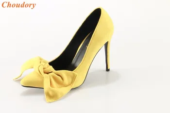 moda kadın sarı Büyük yay yüksek topuk sivri burun stiletto kadın elbise yüksek topuk ayakkabı stiletto ayakkabı