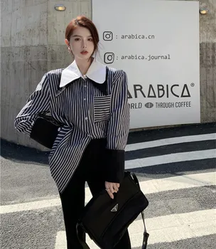 Çift yaka Vintage Çizgili Gömlek Kadın İlkbahar ve Sonbahar Kore Moda Düzensiz Uzun kollu Orta uzunlukta Rahat Gevşek Üst
