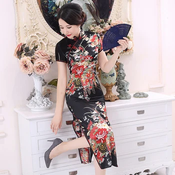 Çin Geleneksel Elbise Çiçek Baskı Zarif Kısa Kollu Cheongsam Standı Yaka Sıkı Bodycon Elbise Cheongsam Kadın Elbise