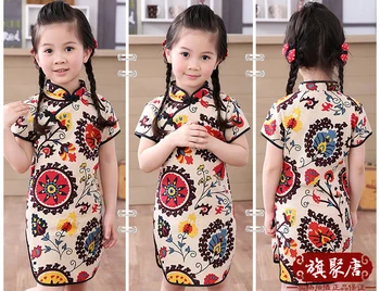 Çin Tarzı Cheongsam Kız Çiçek Pamuk Çocuk Giyim Çocuklar Qipao Elbise Kolsuz
