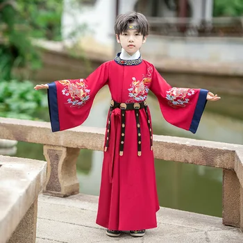 Çin Tarzı Geleneksel Kostüm Hanfu Erkek Tang Hanedanı Antik Takım Elbise Yuvarlak Boyun Elbise İşlemeli Yakışıklı Şövalye Efsanevi Canavar